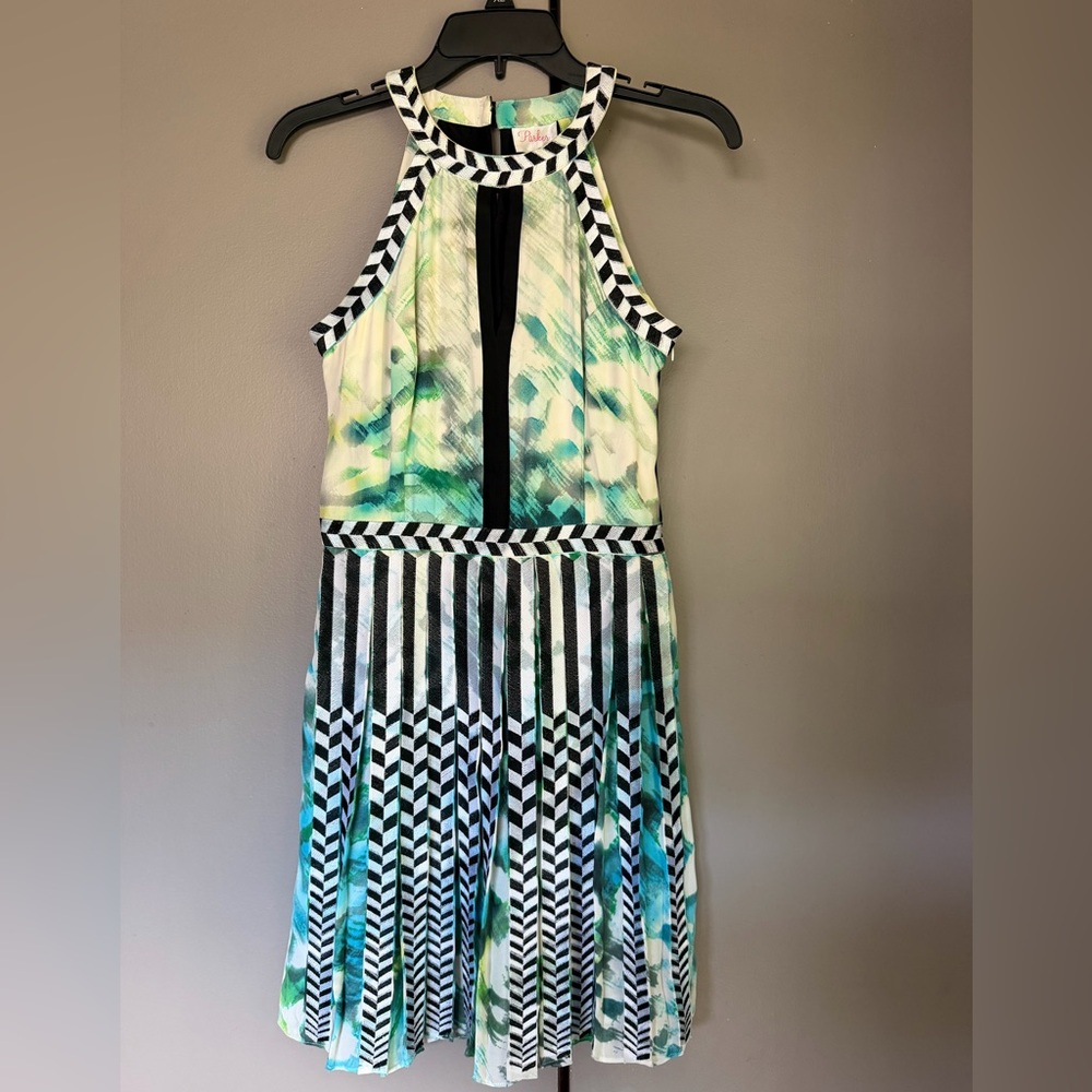 Parker Teal, Black and White Halter Midi Dress